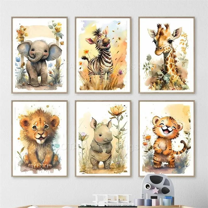 水彩ライオンキリン虎象シマウマ保育園壁アートキャンバス絵画動 - Baby Nursery Art のレビューと価格