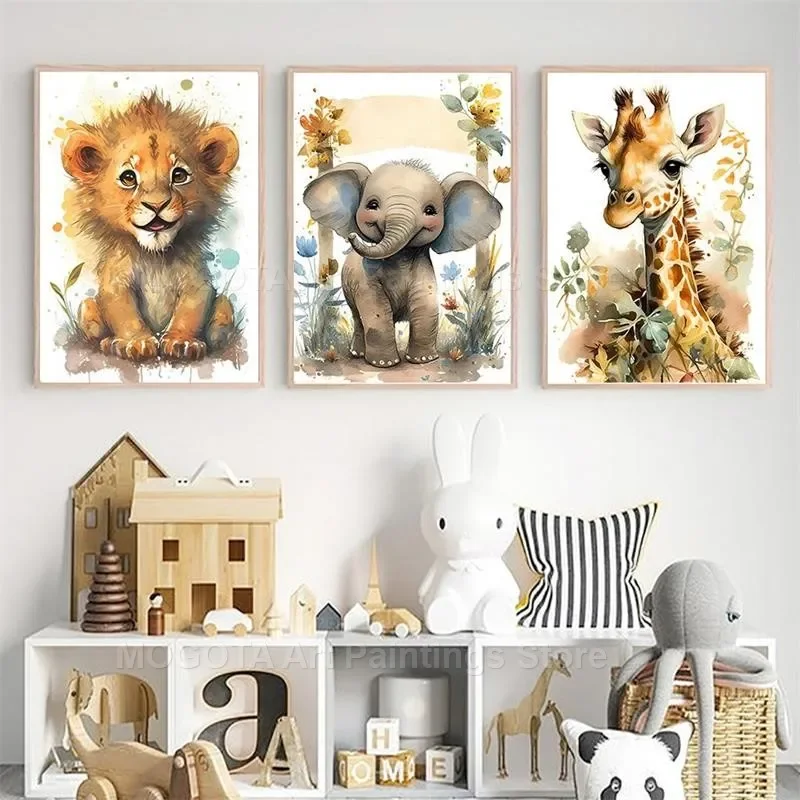水彩ライオンキリン虎象シマウマ保育園壁アートキャンバス絵画動 - Baby Nursery Art のレビューと価格