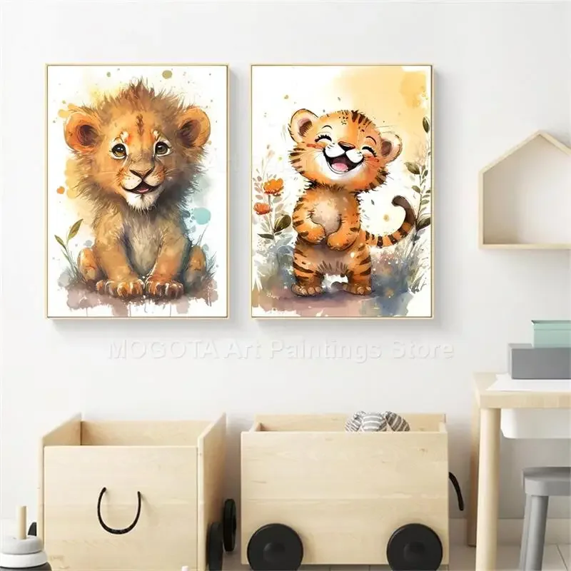 水彩ライオンキリン虎象シマウマ保育園壁アートキャンバス絵画動 - Baby Nursery Art のレビューと価格