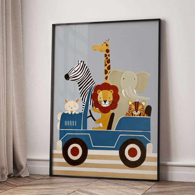 面白い漫画の動物車風船保育園ウォールアートキャンバス絵画ライ - Baby Nursery Wall Art のレビューと価格