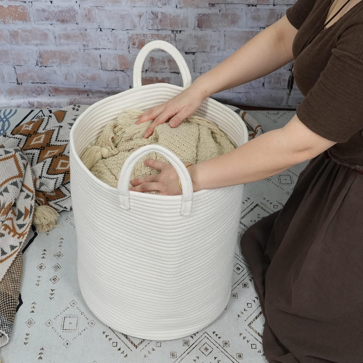 綿ロープ製ランドリーバスケット、衣類用装飾織り収納バスケット - Baby Nursery Laundry Basket のレビューと価格