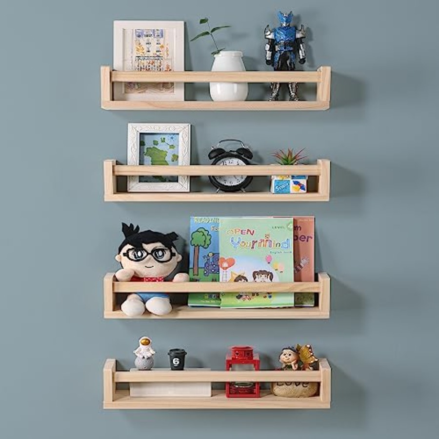 保育園用棚4個セット、木製フローティングブックシェルフ、保育 - Baby Nursery Shelves のレビューと価格