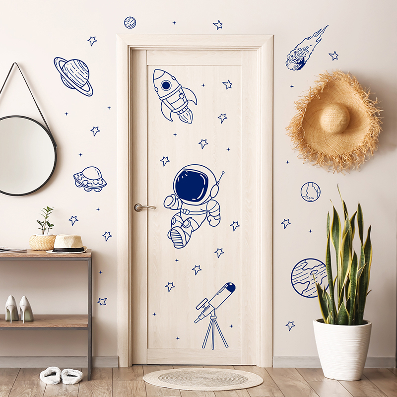 漫画宇宙宇宙飛行士惑星ロケットウォールステッカー自己粘着子供 - Baby Nursery Furniture のレビューと価格