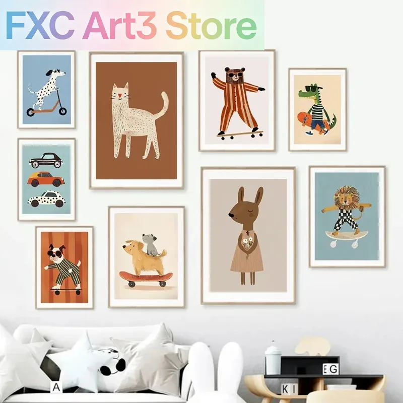 1pc フレームレス面白い動物ウサギ犬猫スケートボードポスタ - Baby Nursery Wall Art のレビューと価格