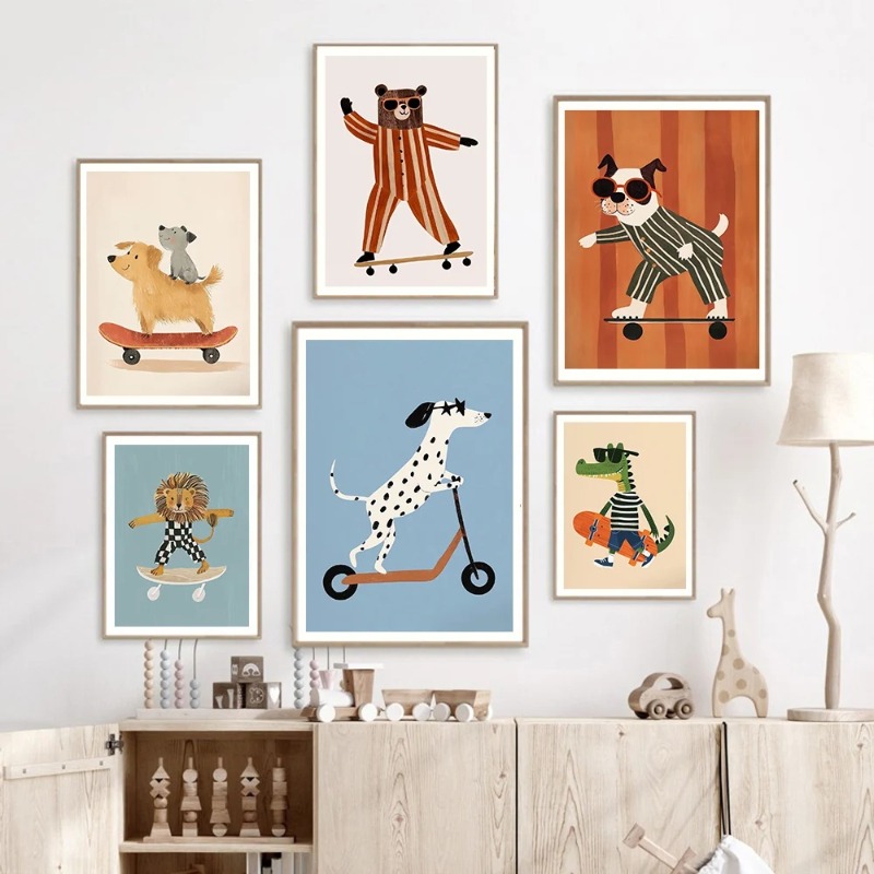 1pc フレームレス面白い動物ウサギ犬猫スケートボードポスタ - Baby Nursery Wall Art のレビューと価格