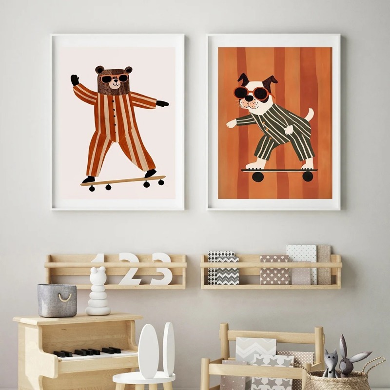 1pc フレームレス面白い動物ウサギ犬猫スケートボードポスタ - Baby Nursery Wall Art のレビューと価格