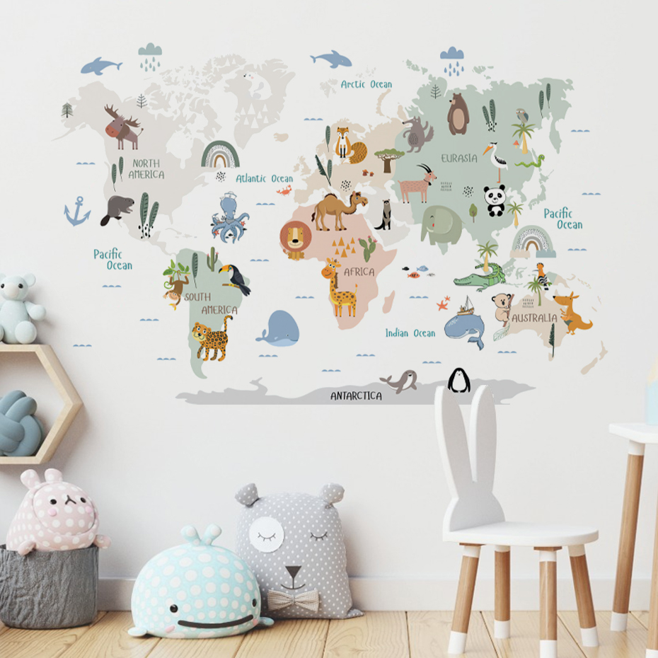 水彩画世界地図壁ステッカー、動物、野生、子供、ビニール、保育 - Baby Nursery Furniture のレビューと価格
