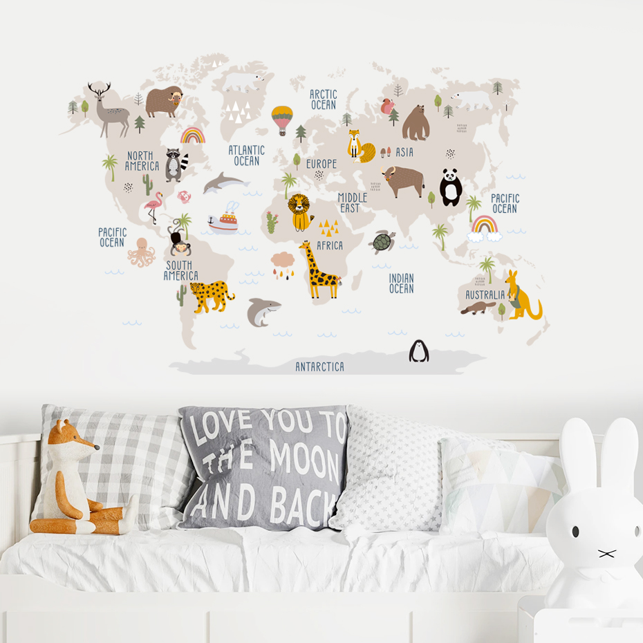 水彩画世界地図壁ステッカー、動物、野生、子供、ビニール、保育 - Baby Nursery Furniture のレビューと価格