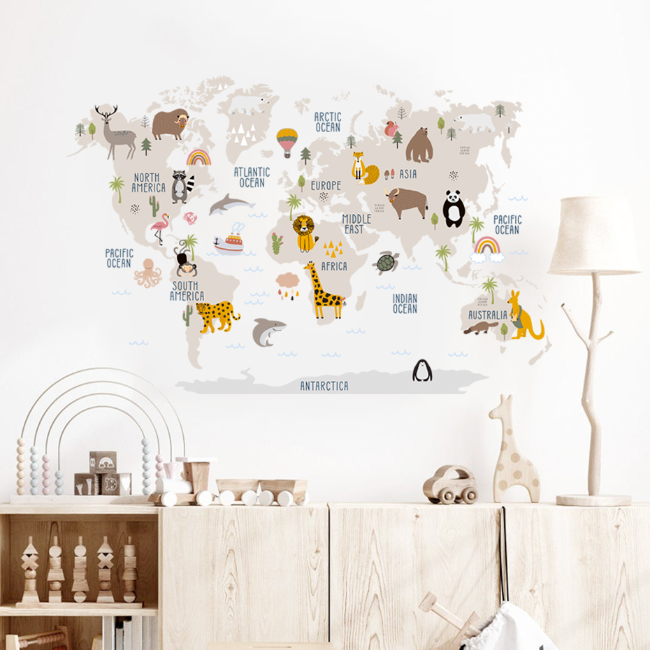 水彩画世界地図壁ステッカー、動物、野生、子供、ビニール、保育 - Baby Nursery Furniture のレビューと価格